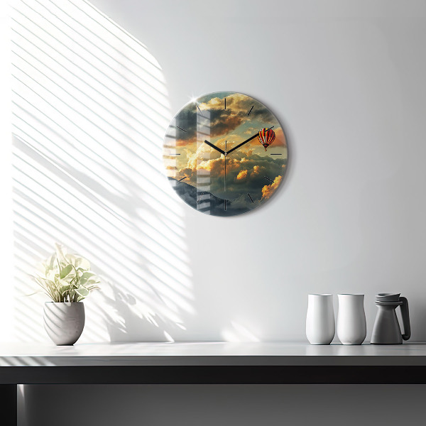 Round glass wall clock Balloon flight in the clouds