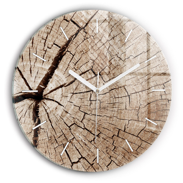 Round glass wall clock Old wood stump