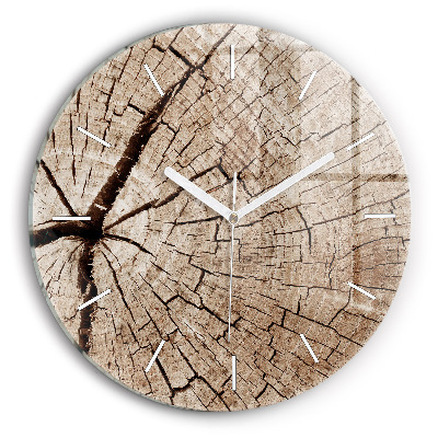 Round glass wall clock Old wood stump