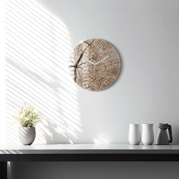 Round glass wall clock Old wood stump