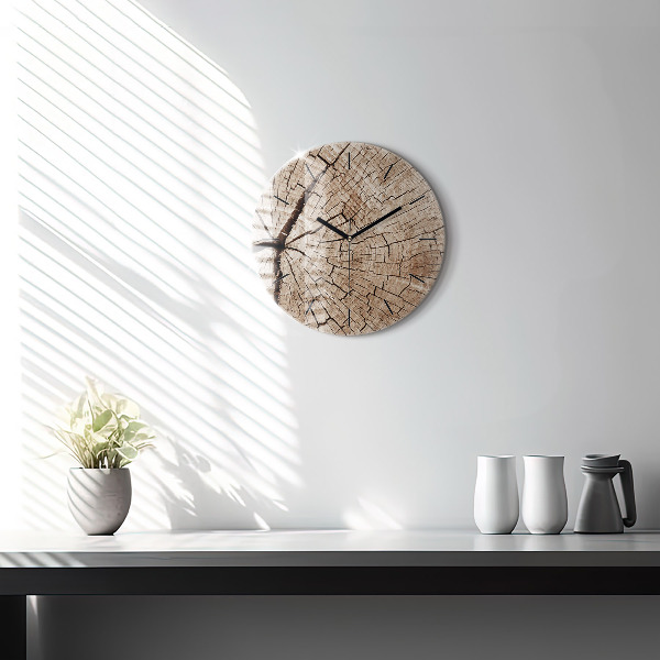 Round glass wall clock Old wood stump