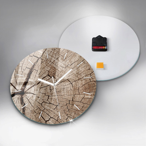 Round glass wall clock Old wood stump
