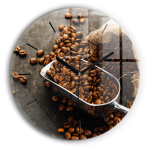 Round glass wall clock A bag of coffee beans