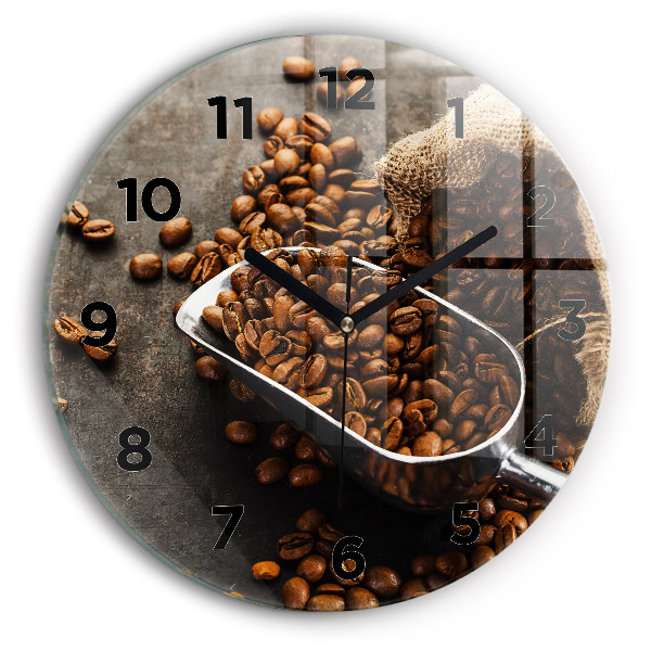 Round glass wall clock A bag of coffee beans