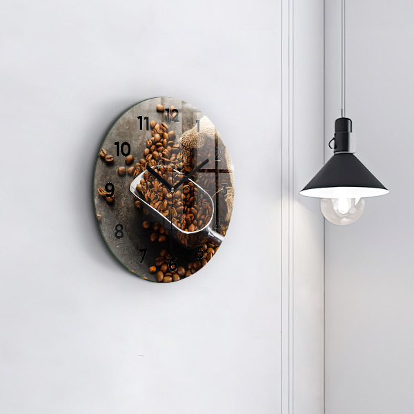 Round glass wall clock A bag of coffee beans