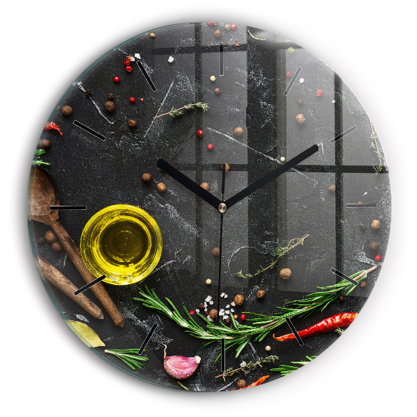 Round glass wall clock Spices on the counter