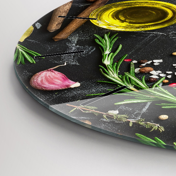 Round glass wall clock Spices on the counter