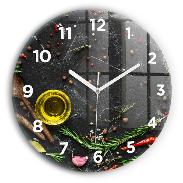 Round glass wall clock Spices on the counter