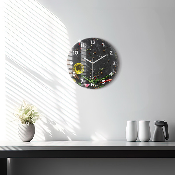 Round glass wall clock Spices on the counter