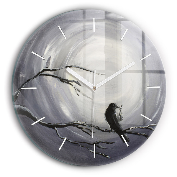 Round glass wall clock Raven in the moonlight