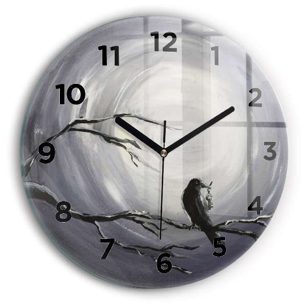 Round glass wall clock Raven in the moonlight