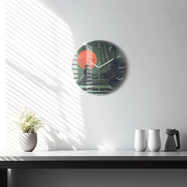 Round glass wall clock Samurai in the forest