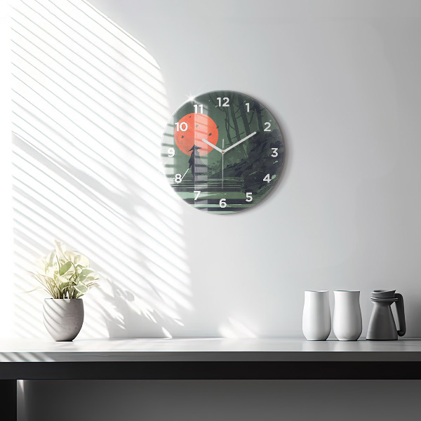 Round glass wall clock Samurai in the forest
