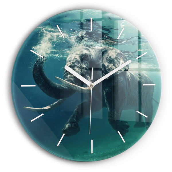 Round glass wall clock Swimming elephant in the ocean
