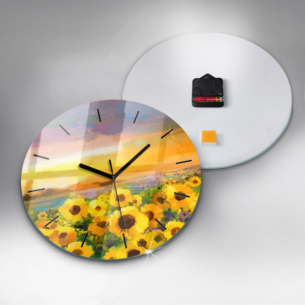 Round glass wall clock Sunflower Field