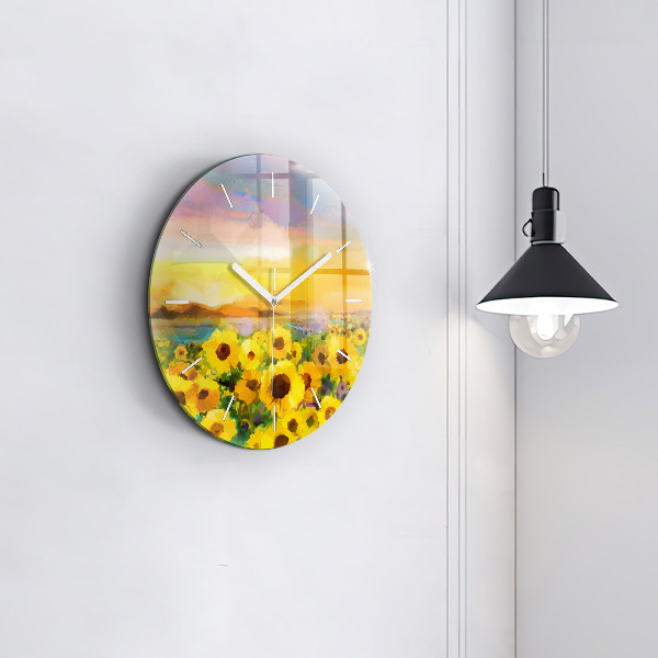 Round glass wall clock Sunflower Field
