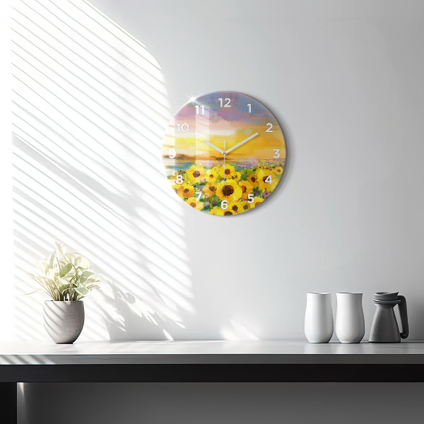 Round glass wall clock Sunflower Field