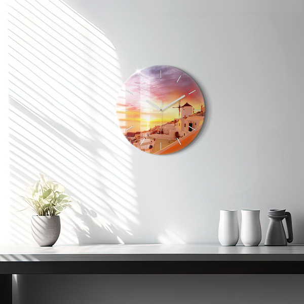 Round glass wall clock Old windmill in Santorini