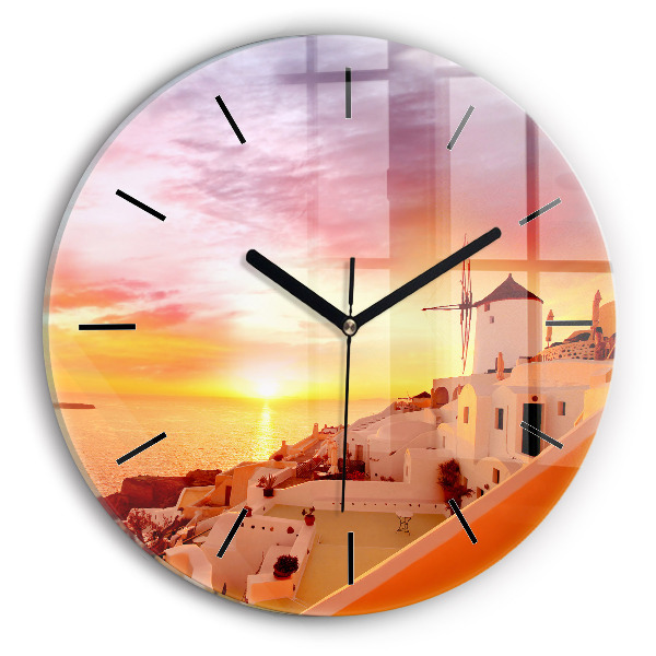 Round glass wall clock Old windmill in Santorini
