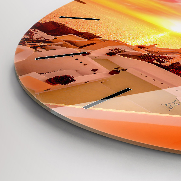 Round glass wall clock Old windmill in Santorini