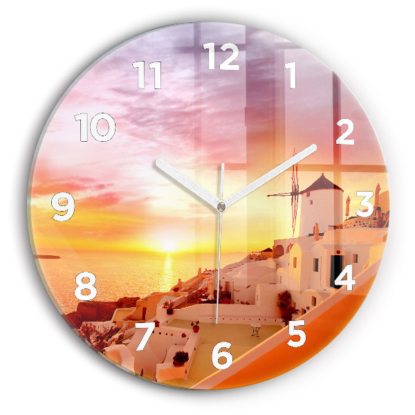 Round glass wall clock Old windmill in Santorini