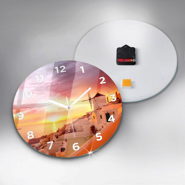Round glass wall clock Old windmill in Santorini