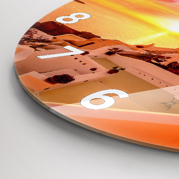 Round glass wall clock Old windmill in Santorini