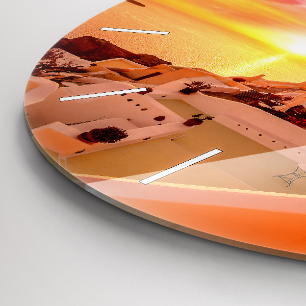 Round glass wall clock Old windmill in Santorini