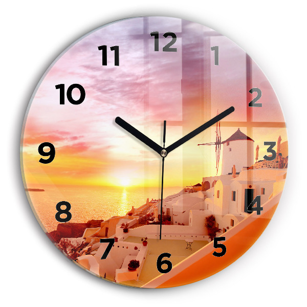 Round glass wall clock Old windmill in Santorini