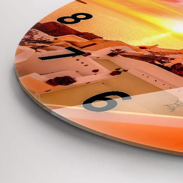 Round glass wall clock Old windmill in Santorini