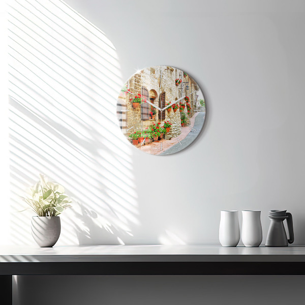 Round glass wall clock A picturesque street