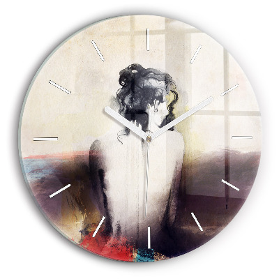 Round glass wall clock Abstract portrait of a woman