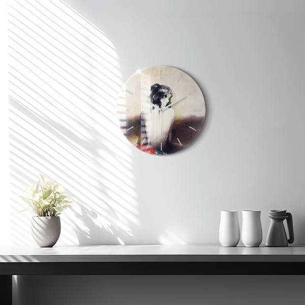 Round glass wall clock Abstract portrait of a woman