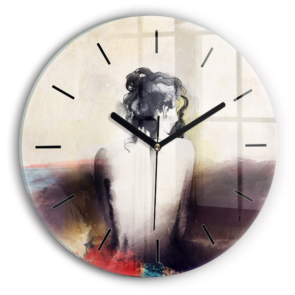 Round glass wall clock Abstract portrait of a woman
