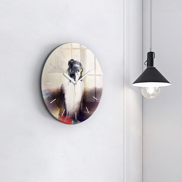 Round glass wall clock Abstract portrait of a woman