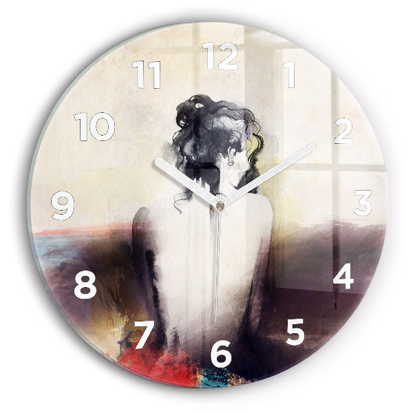 Round glass wall clock Abstract portrait of a woman
