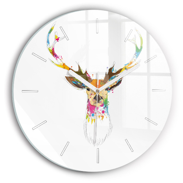 Round glass wall clock Colorful deer head