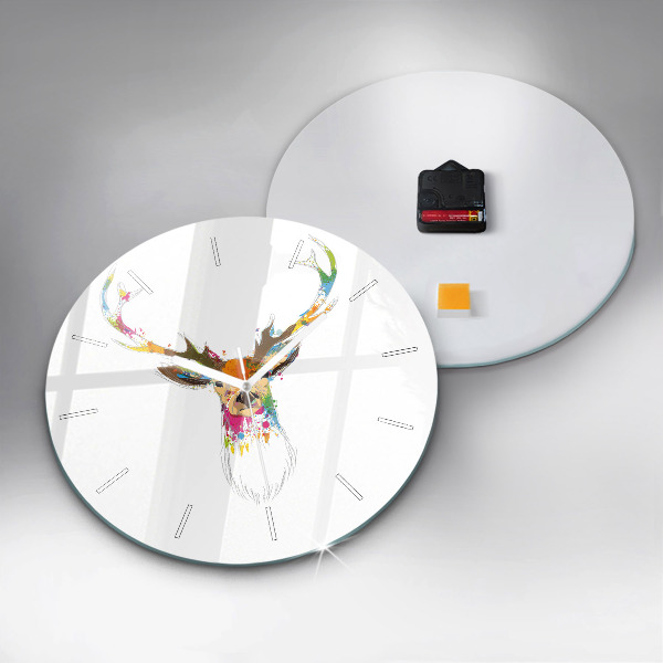 Round glass wall clock Colorful deer head