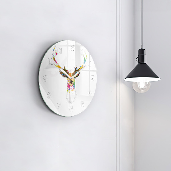 Round glass wall clock Colorful deer head