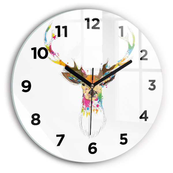 Round glass wall clock Colorful deer head