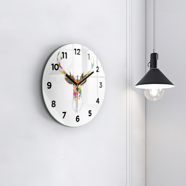 Round glass wall clock Colorful deer head