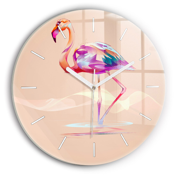 Round glass wall clock Flamingo illustration