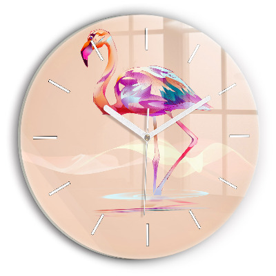 Round glass wall clock Flamingo illustration