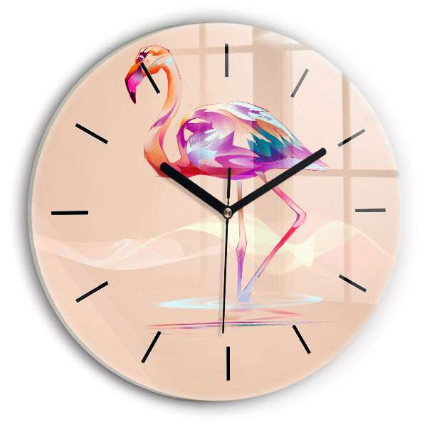 Round glass wall clock Flamingo illustration