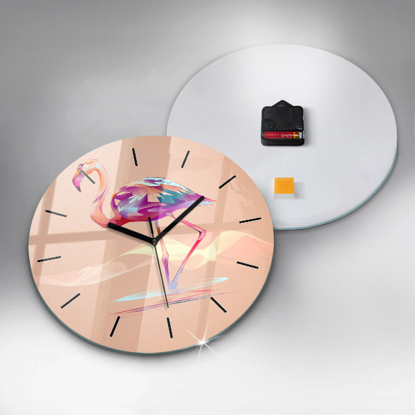 Round glass wall clock Flamingo illustration