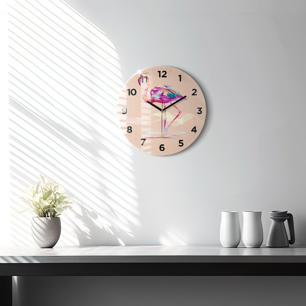 Round glass wall clock Flamingo illustration