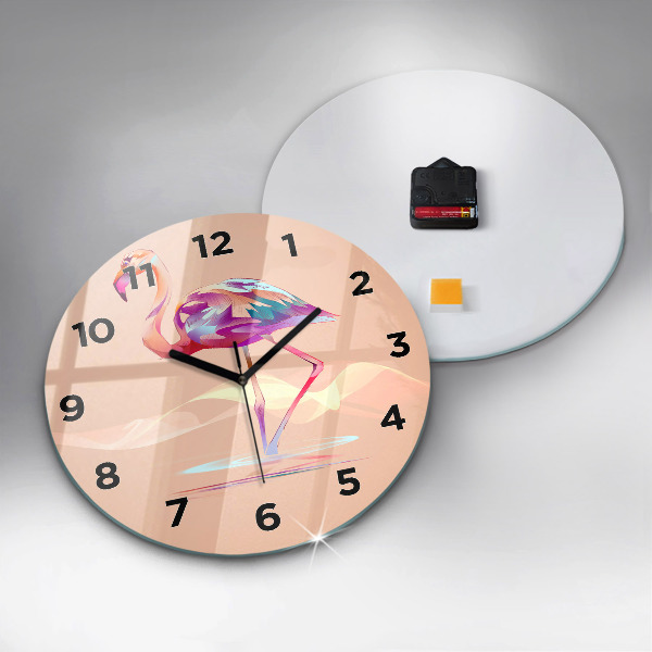 Round glass wall clock Flamingo illustration