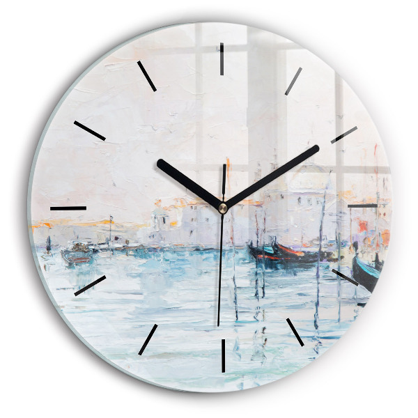Round glass wall clock Oil painting yacht sea