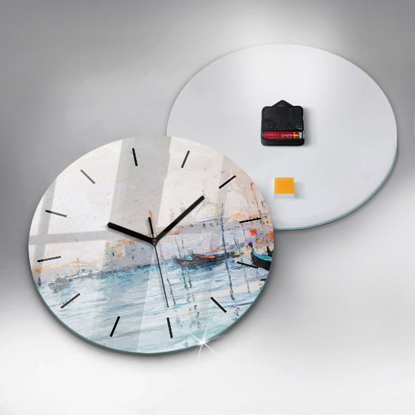 Round glass wall clock Oil painting yacht sea