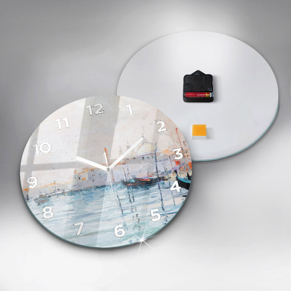 Round glass wall clock Oil painting yacht sea